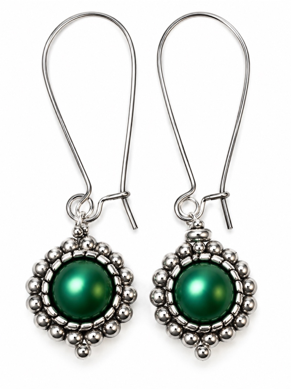 Green Pearl Drop Earrings with Silver Beaded Halo